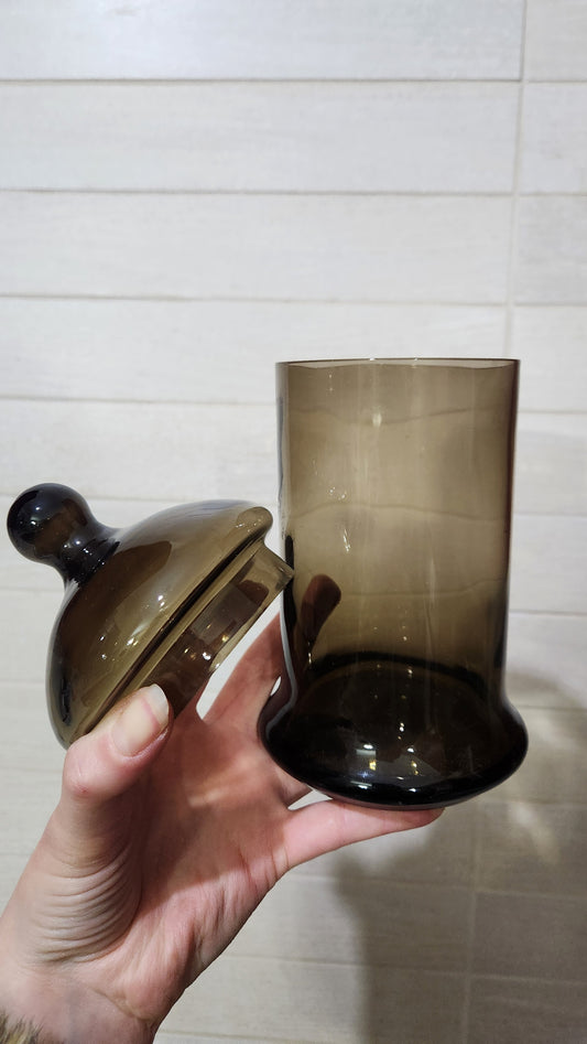 Mid-Century Smoked Brown Glass Apothecary Jar with Lid