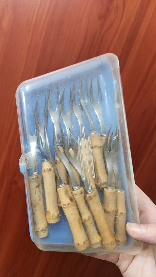 60s Bamboo Handle Fruit Forks - Set of 12