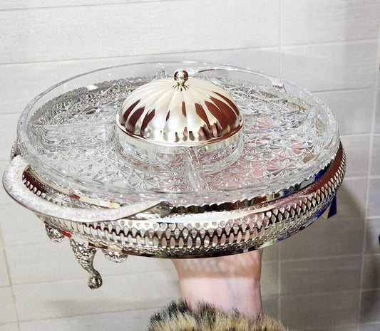 Queen Anne Silver Plated & Cut Glass Party Server with Center Lidded Bowl