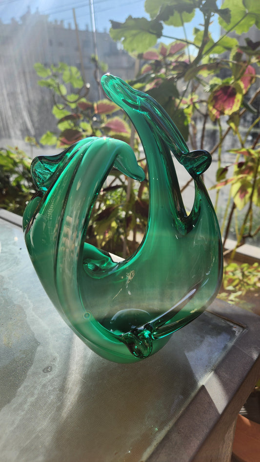 Murano Emerald Green Art Glass Bowl - Organic Sculptural Form
