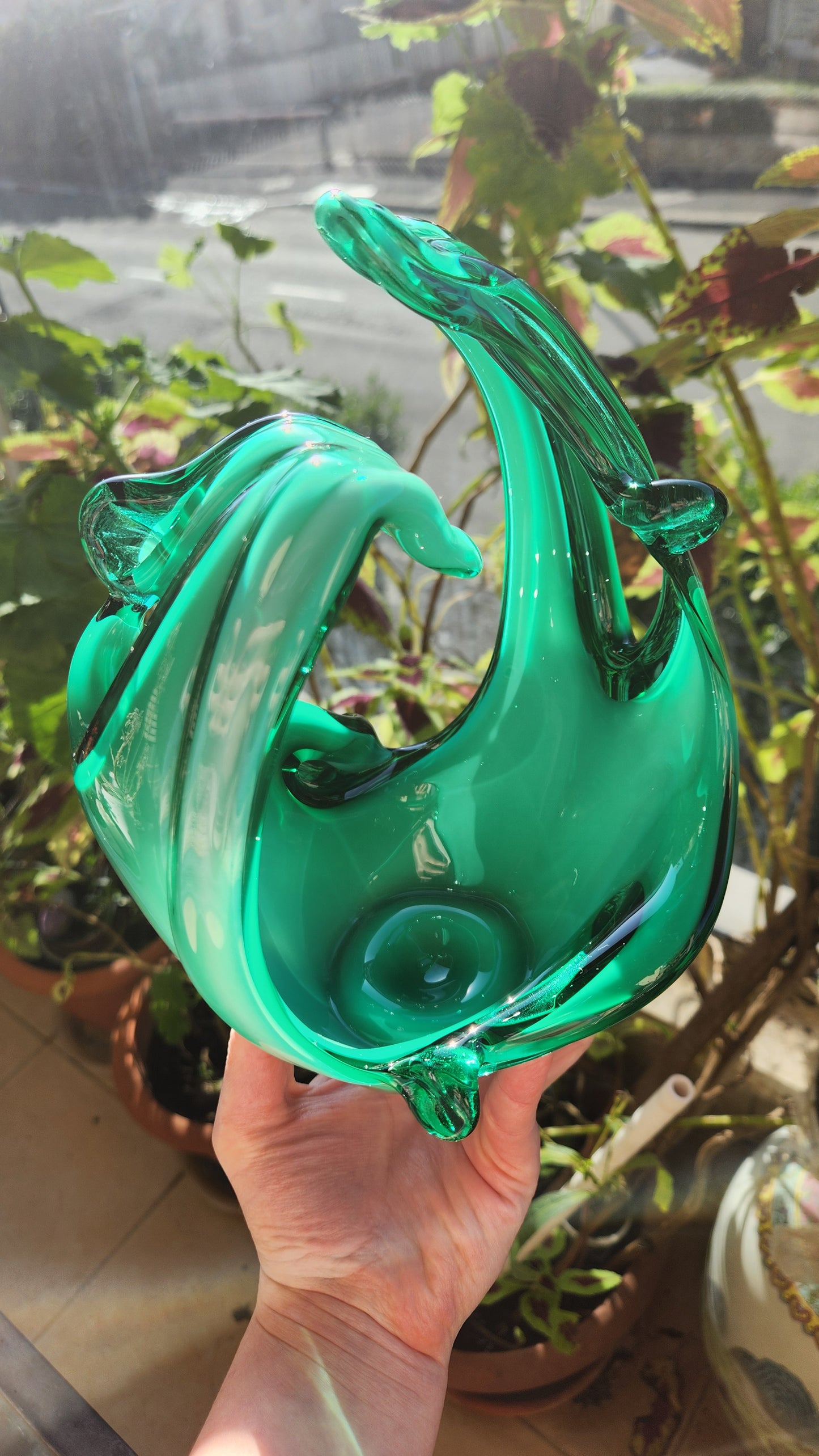 Murano Emerald Green Art Glass Bowl - Organic Sculptural Form