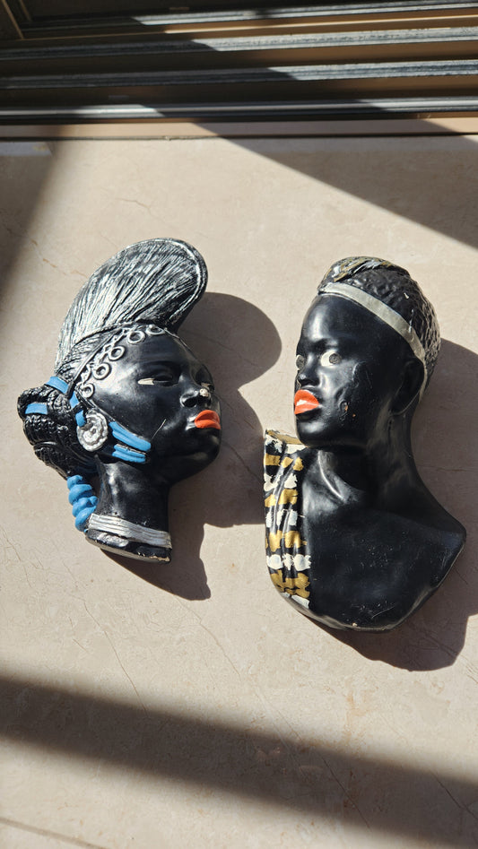Pair of Vintage Mid-Century Lady Wall Masks - Retro Wall Decor