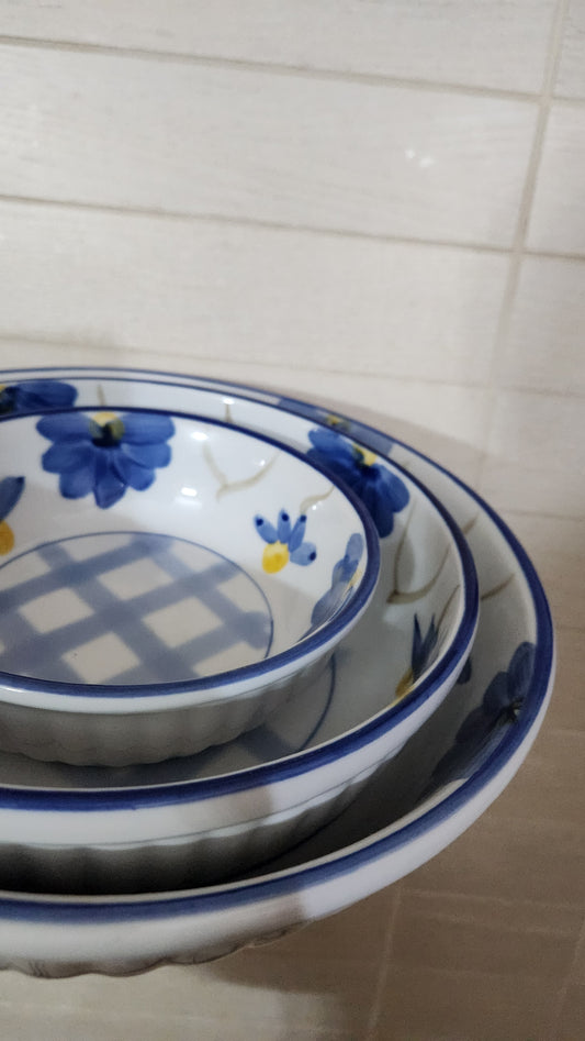 Set of 3 Blue Floral Ceramic Nesting Bowls - Home Collection