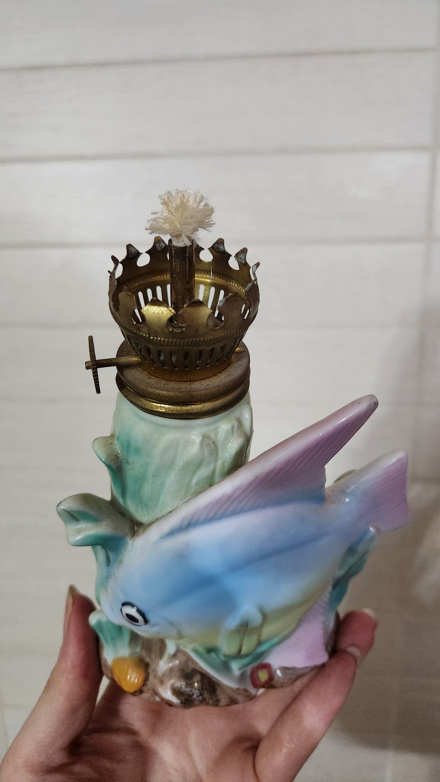 Vintage Japanese Porcelain Miniature Oil Lamp - Tropical Fish & Seaweed Design with Milk Glass Globe