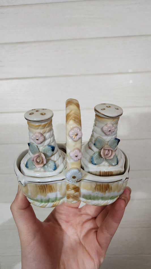 Japan Porcelain Rose Basket Salt & Pepper Shakers Set