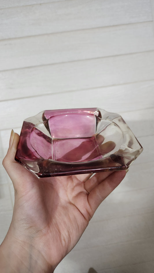 Mid-Century Geometric Amethyst Pink Glass Ashtray/Trinket Dish