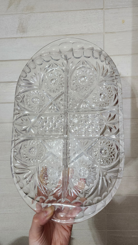 Vintage Clear Cut Crystal Style Divided Dish - Starburst & Daisy Pattern