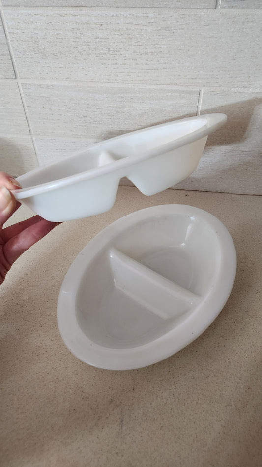 2 Vintage JAJ Pyrex White Opal Glass Divided Serving Dish