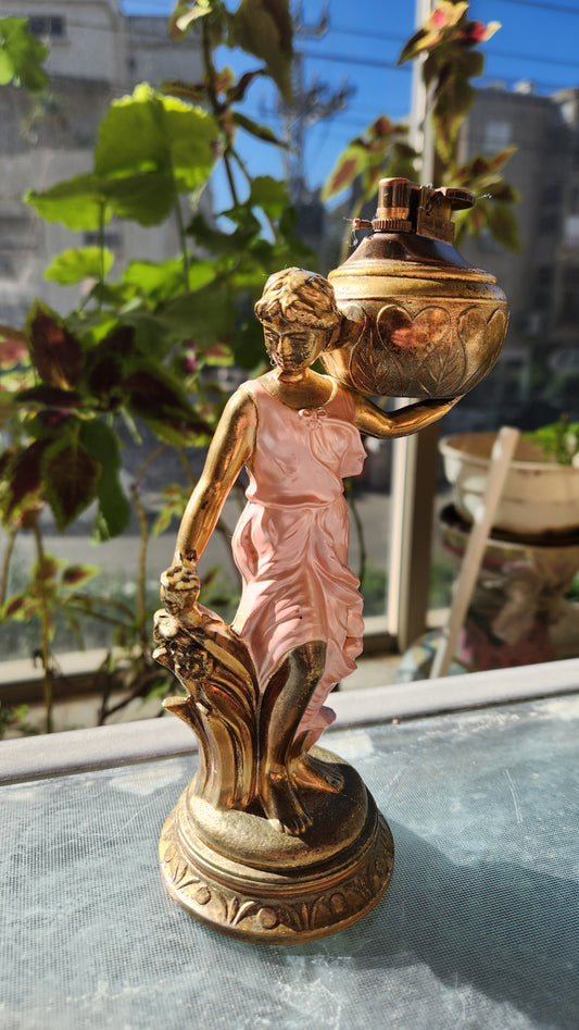 80s Goddess Table Lighter - Woman with Pitcher - Pink & Gold Figural Statue