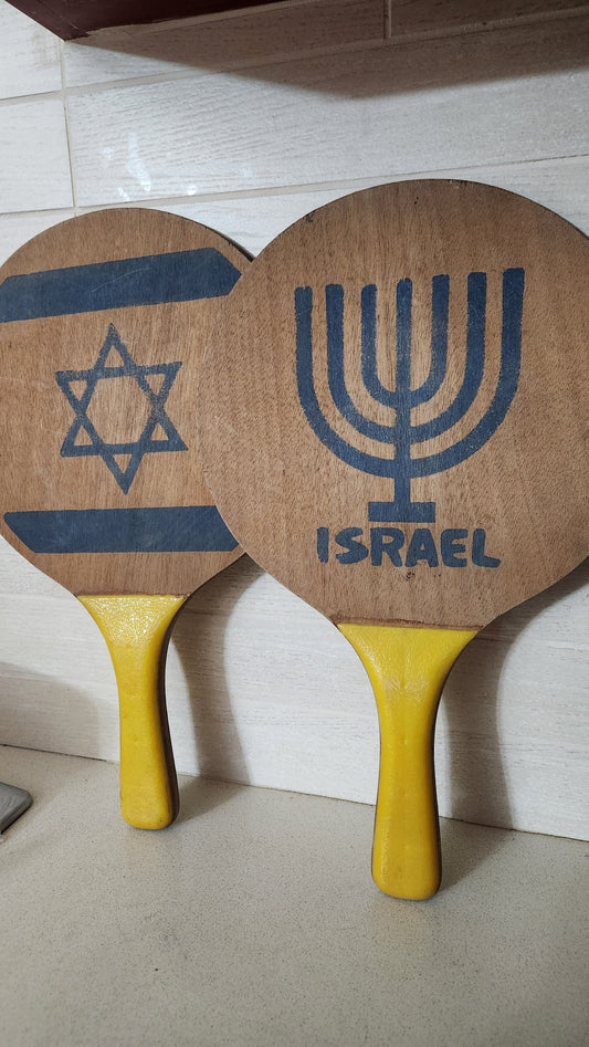 Israeli Wooden Matkot Beach Paddle Set (Menorah & Star of David)