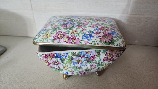 Floral Chintz Porcelain Footed Trinket Box with Gold Trim