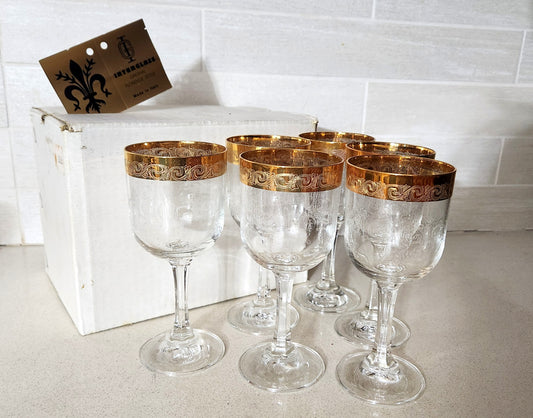 6 Italian Interglass 24K Gold Gilt Wine Glasses