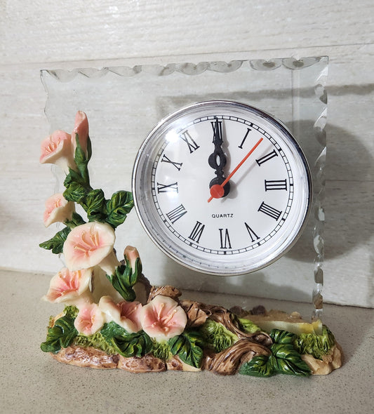 Floral Glass Desk Clock with Resin Base