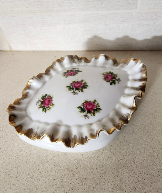 Porcelain Lidded Trinket Box with Pink Roses