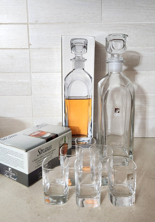 Luigi Bormioli Strauss Crystal Whiskey Decanter & 6 Shot Glasses