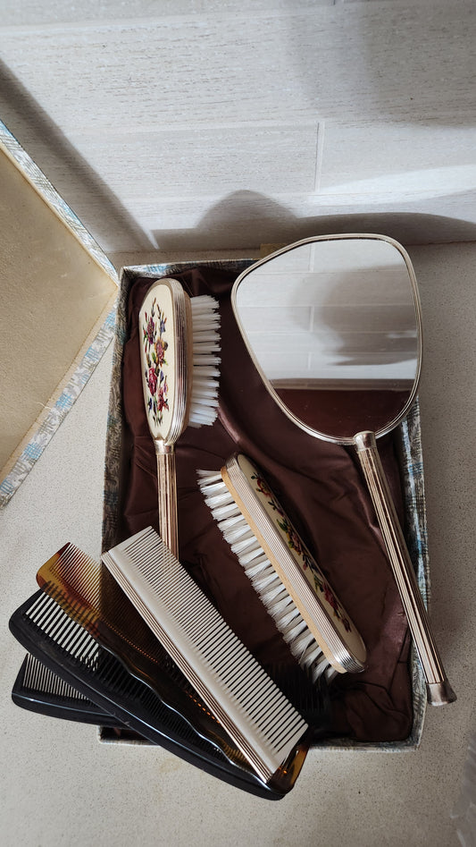 Petit Point Vanity Set with Mirror, Brushes, and Combs