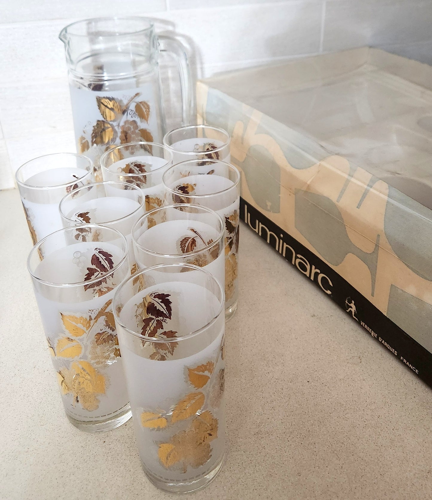 Luminarc France Frosted Glass Water Pitcher & 8 Glasses Set