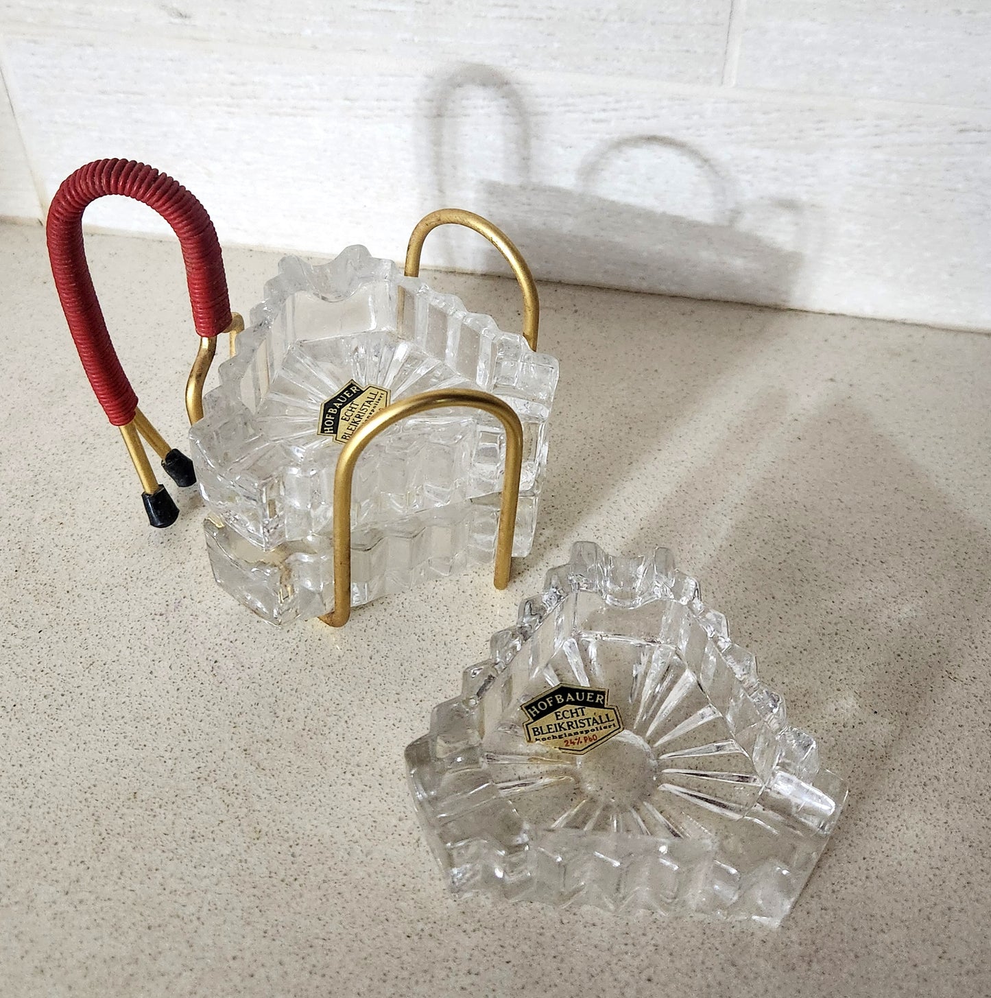 50s Hofbauer Bleikristall Triangular Crystal Ashtray Set