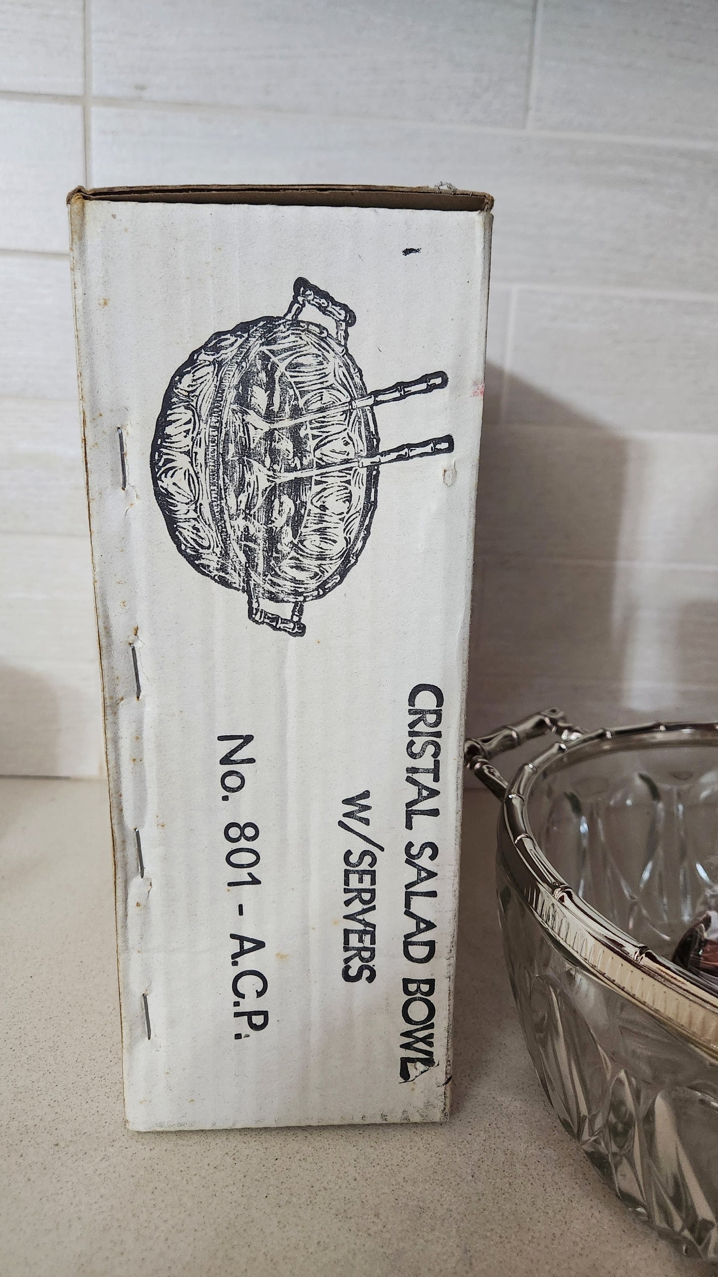 Italian Cristal Salad Bowl with Silverplated Bamboo Trim & Servers