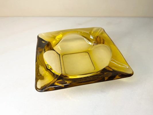Vintage Mid-Century Amber Glass Ashtray - Square Heavy Glass