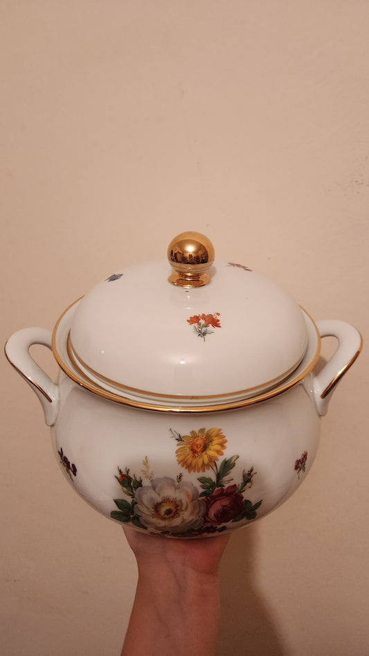 vintage Mitterteich Bavaria Soup Tureen with Lid - Floral Bouquet Pattern, Gold Trim - Model 2020/3