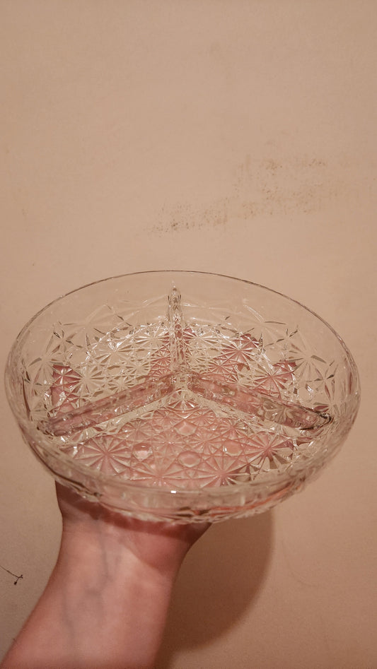 French Crystal Cut Glass, Daisy & Button 3 Part Divided Dish