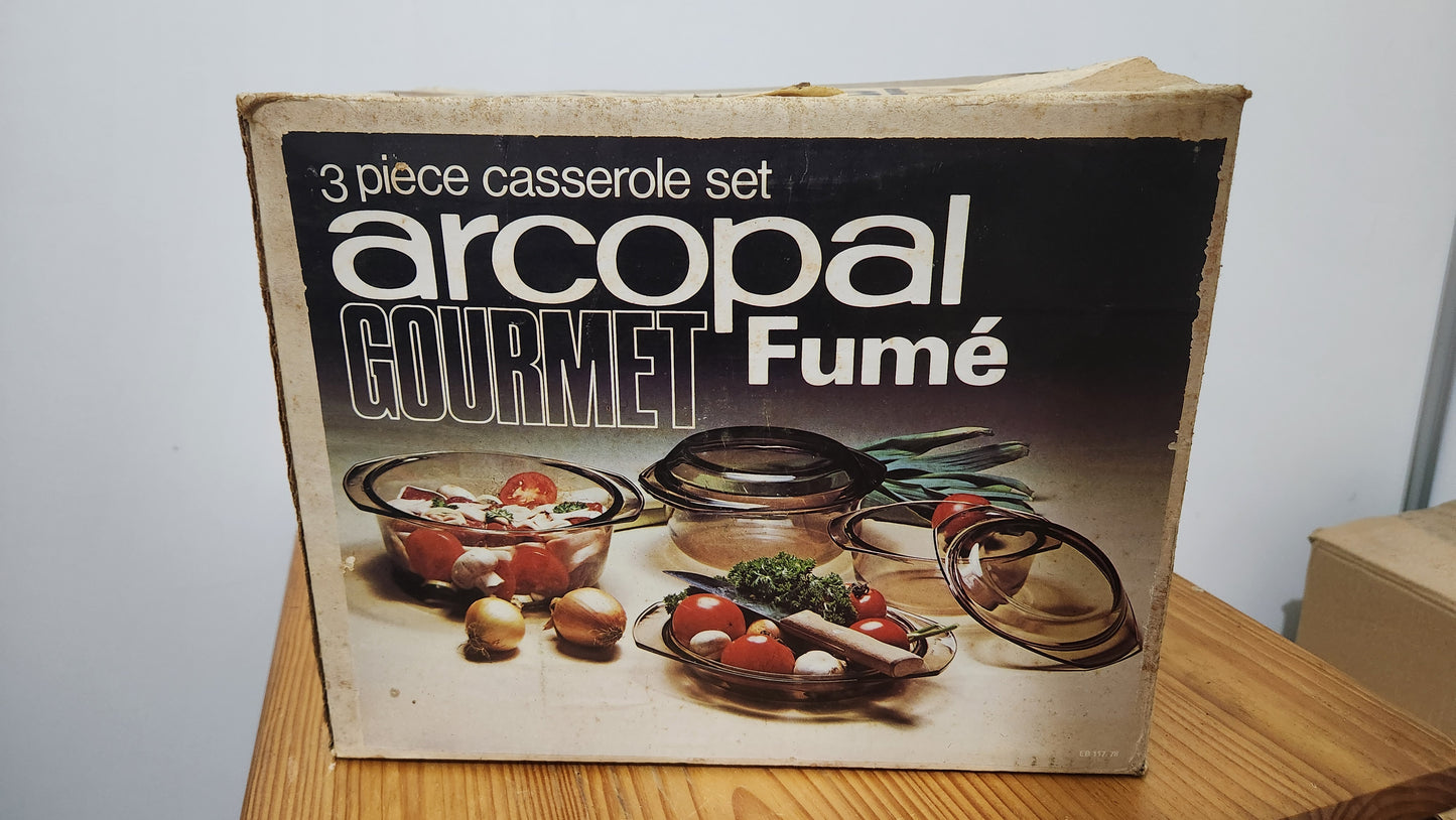 vintage Arcopal Gourmet Fumé 3 piece casserole set