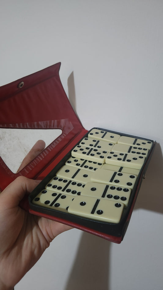 Double Six dominoes set in a black carry case