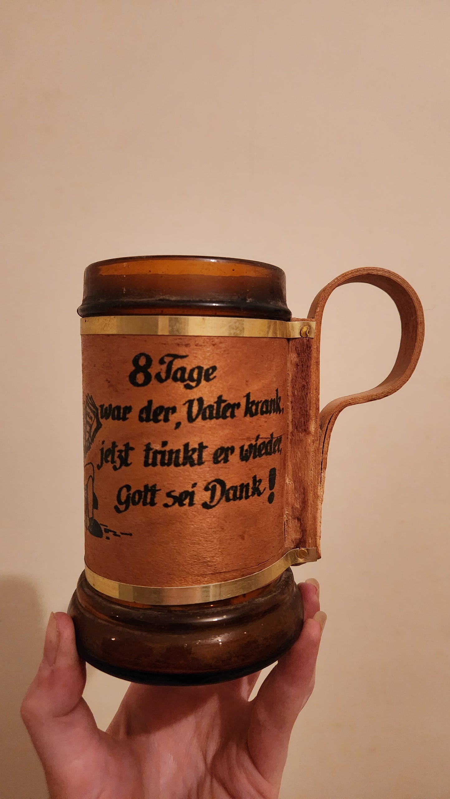 Amber Glass Mug with German Text