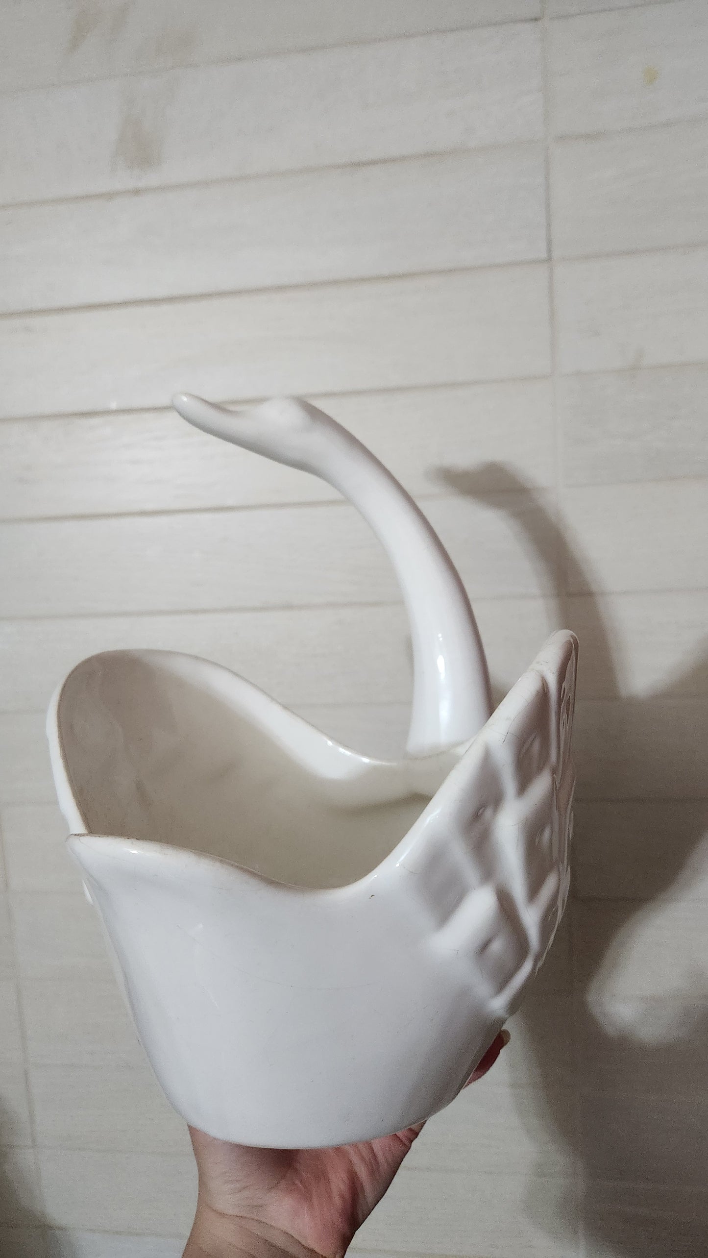White signed ceramic swan planter