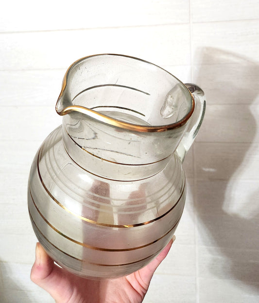 Mid-Century Gilt Striped Glass Pitcher with Frosted Bands