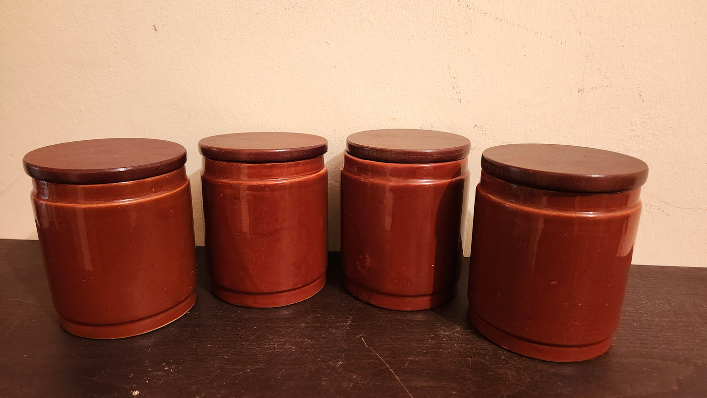 4 Mid-Century Modern Brown Glazed Ceramic Kitchen Canisters with Wooden Lids