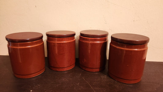 4 Mid-Century Modern Brown Glazed Ceramic Kitchen Canisters with Wooden Lids