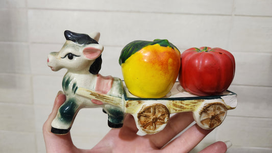 Vintage ceramic donkey and cart salt and pepper shaker set