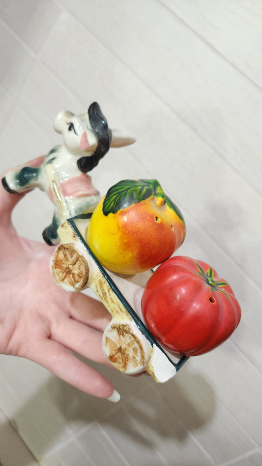 Vintage ceramic donkey and cart salt and pepper shaker set