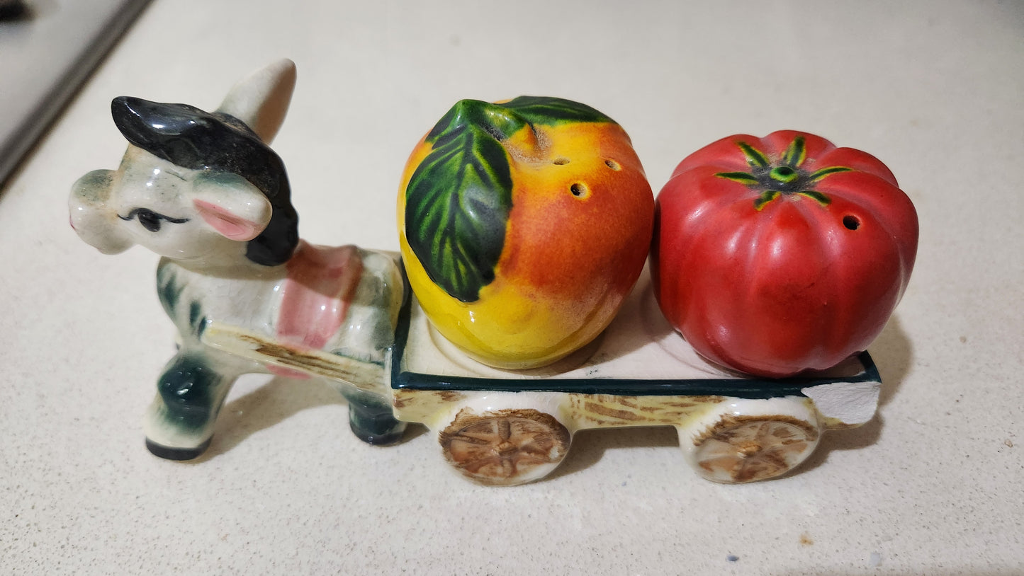 Vintage ceramic donkey and cart salt and pepper shaker set