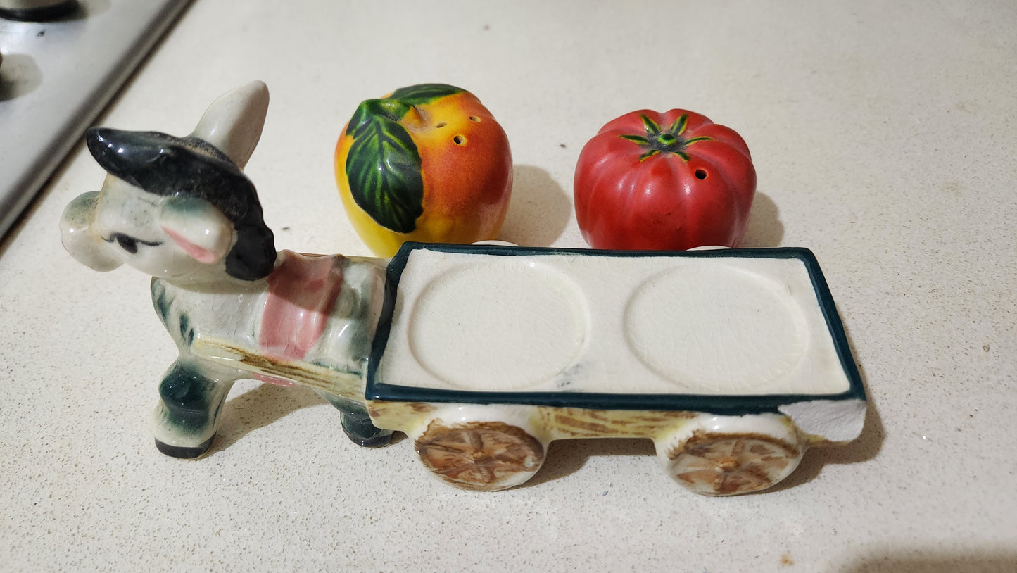 Vintage ceramic donkey and cart salt and pepper shaker set