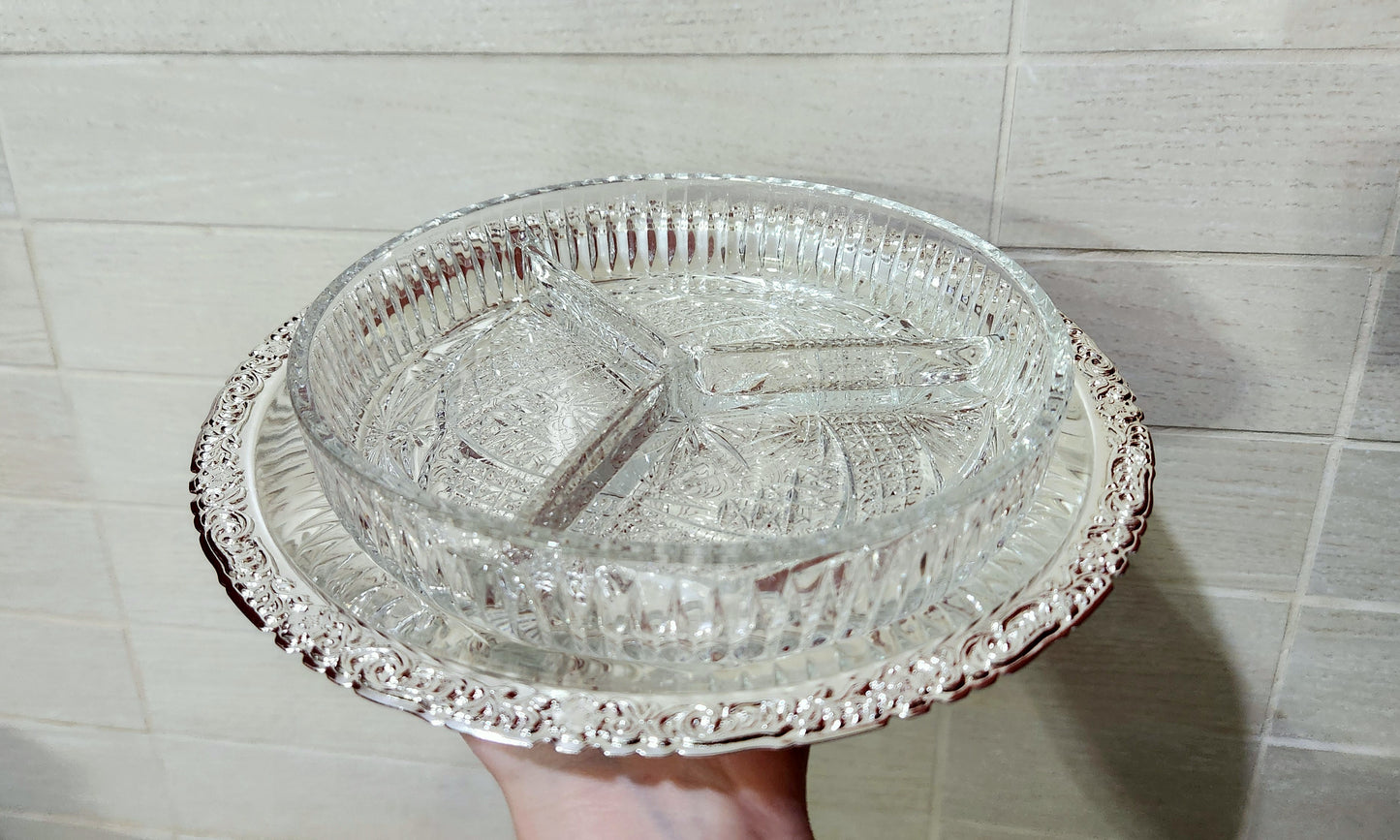Queen Anne Silver Plated & Cut Glass 3-Section Dish