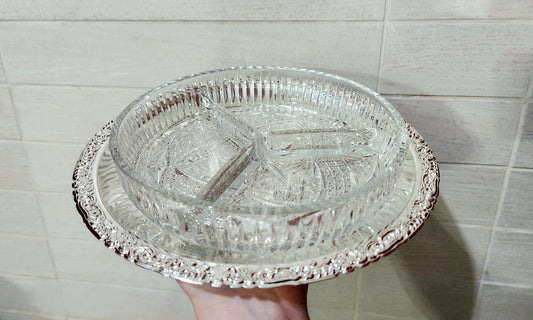 Queen Anne Silver Plated & Cut Glass 3-Section Dish