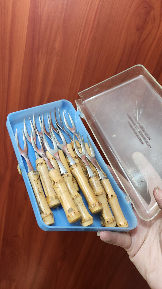 60s Bamboo Handle Fruit Forks - Set of 12