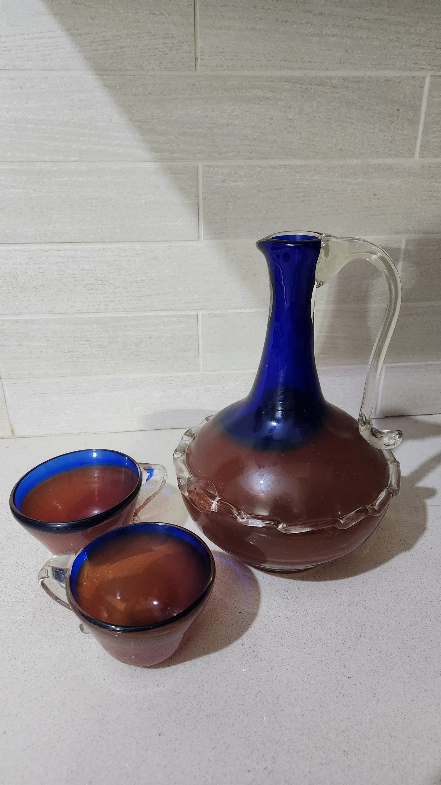 Vintage Mid-Century Art Glass Set - Hand-Blown Cobalt Blue & Amber Decanter & Matching Cups