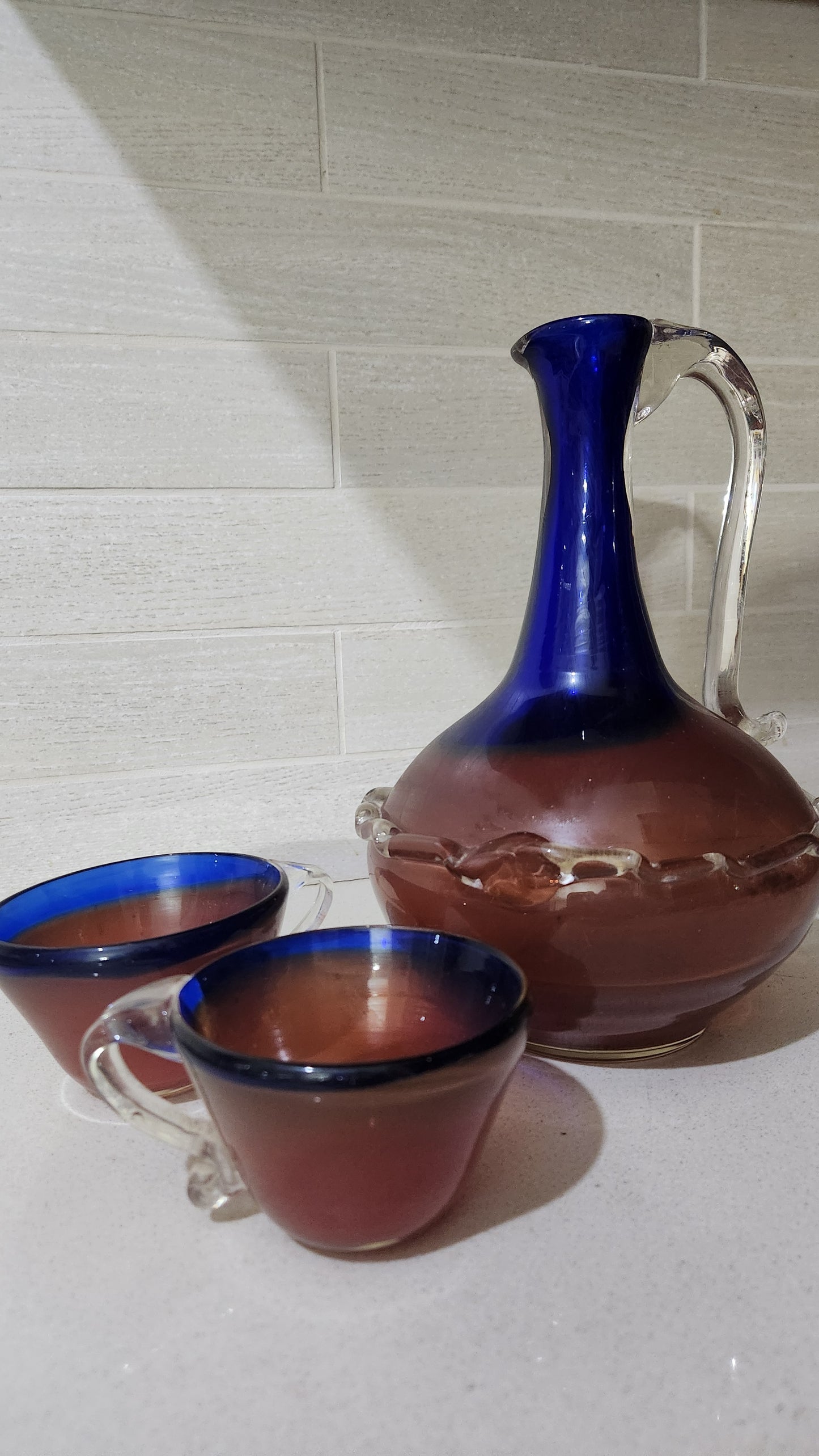 Vintage Mid-Century Art Glass Set - Hand-Blown Cobalt Blue & Amber Decanter & Matching Cups