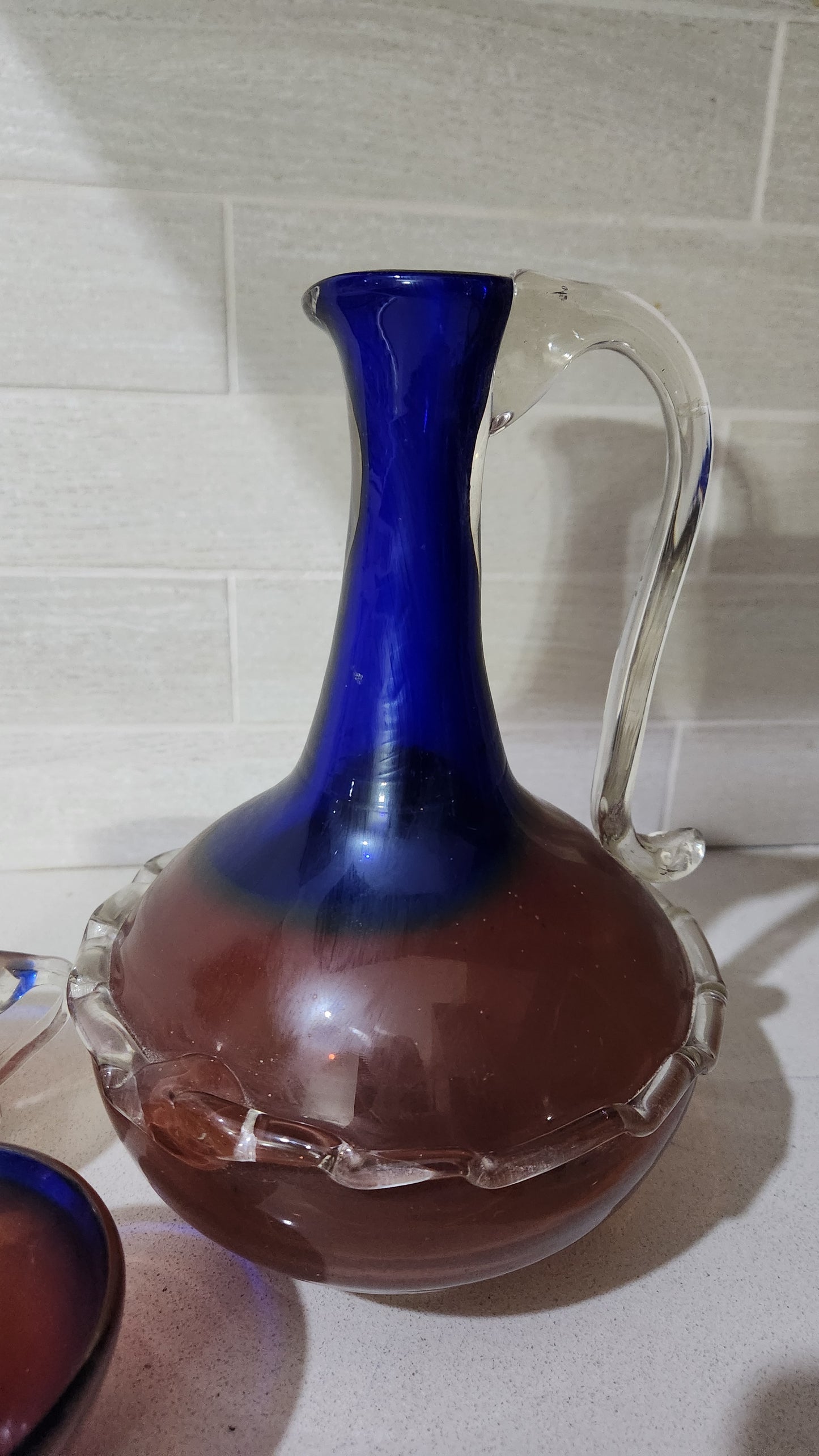 Vintage Mid-Century Art Glass Set - Hand-Blown Cobalt Blue & Amber Decanter & Matching Cups