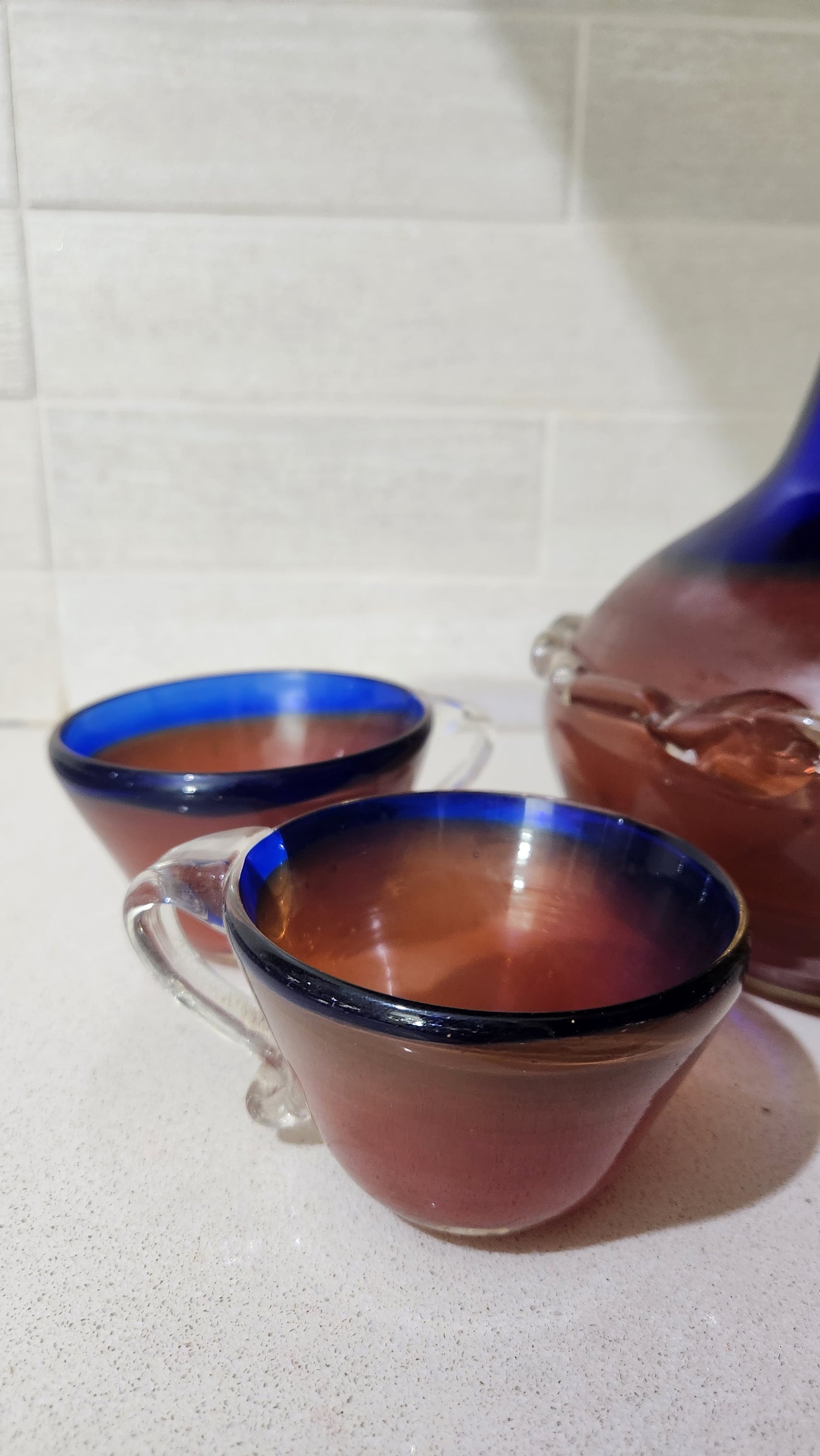 Vintage Mid-Century Art Glass Set - Hand-Blown Cobalt Blue & Amber Decanter & Matching Cups