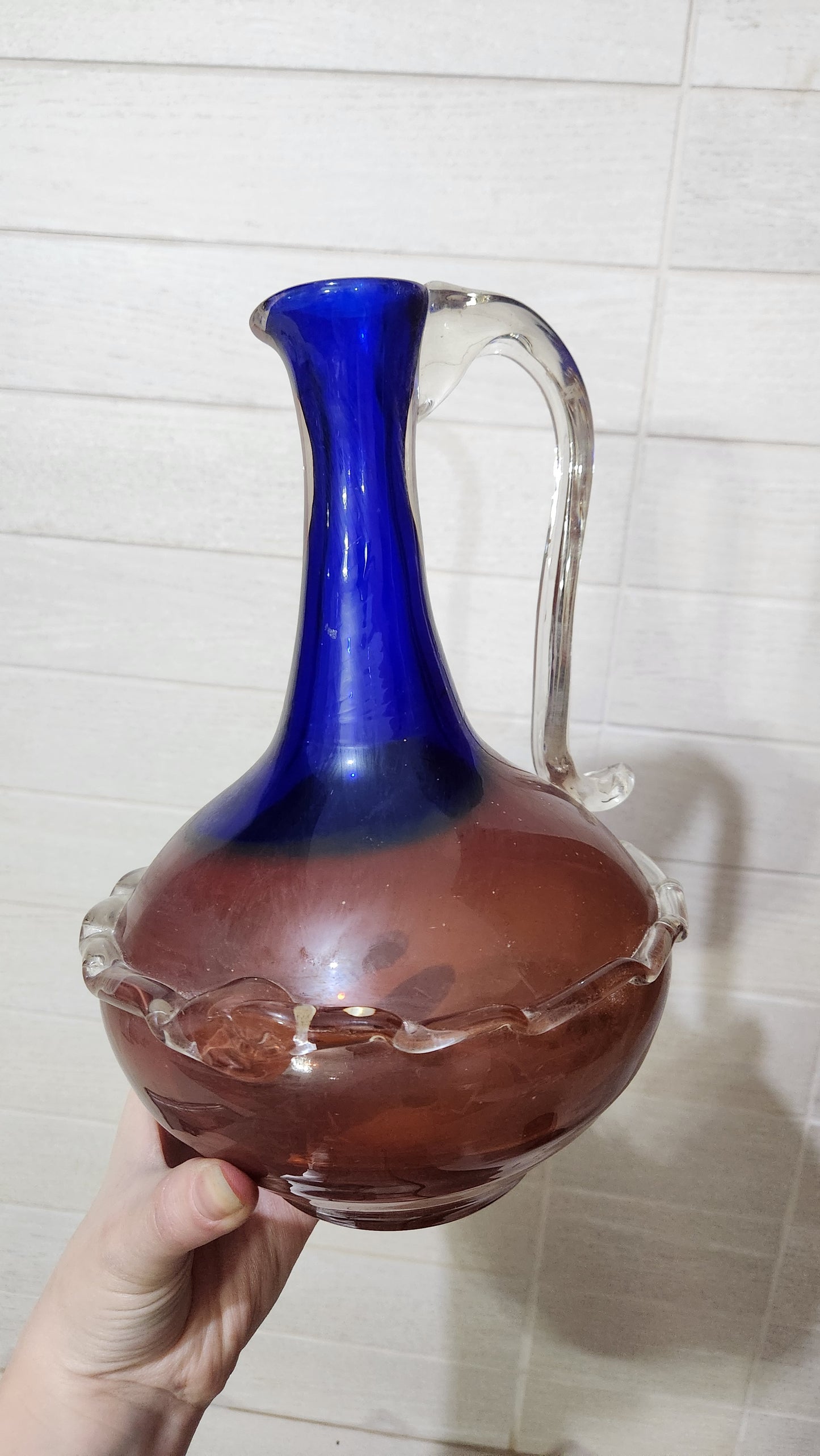 Vintage Mid-Century Art Glass Set - Hand-Blown Cobalt Blue & Amber Decanter & Matching Cups