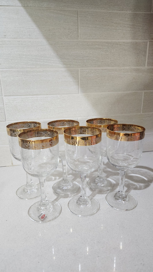 Set of 6 Decorazioni Cristallerie Empoli Italy Gold Rim Glasses