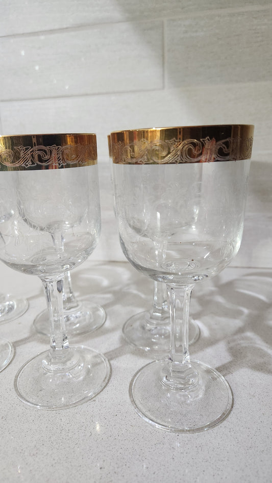 Set of 6 Decorazioni Cristallerie Empoli Italy Gold Rim Glasses