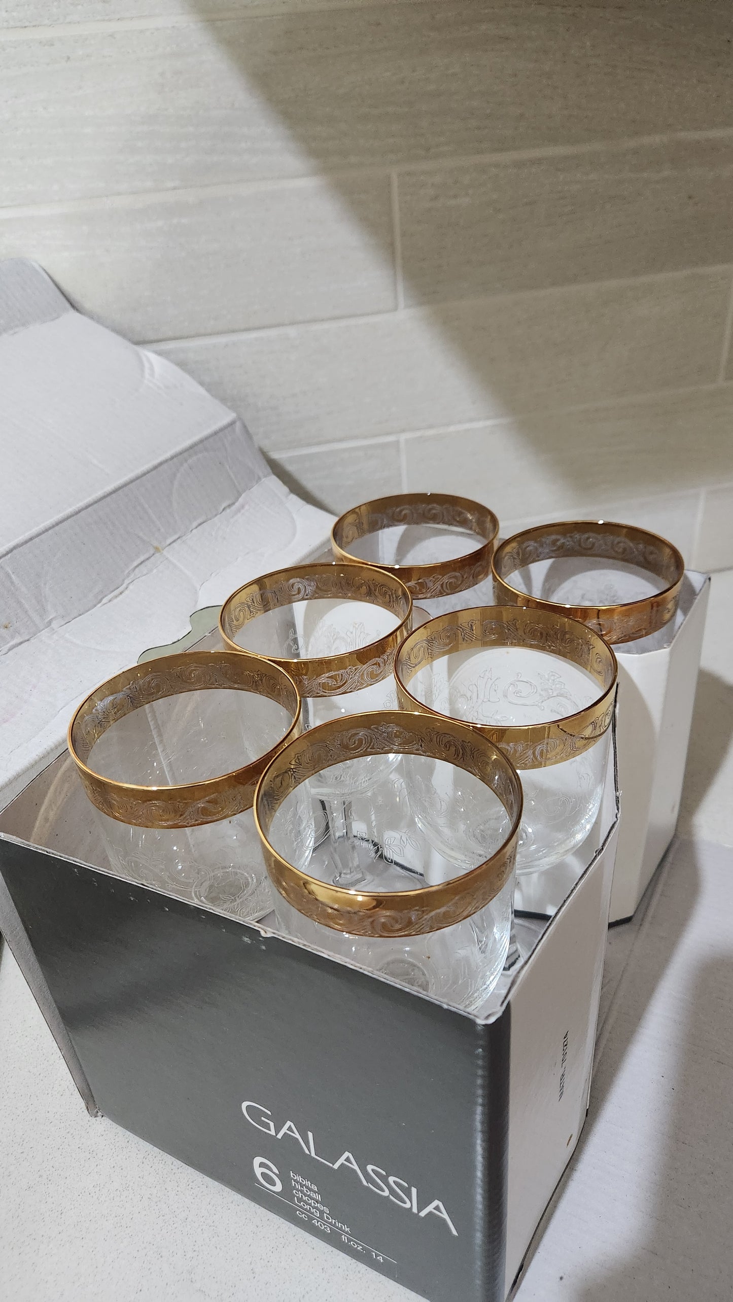 Set of 6 Decorazioni Cristallerie Empoli Italy Gold Rim Glasses