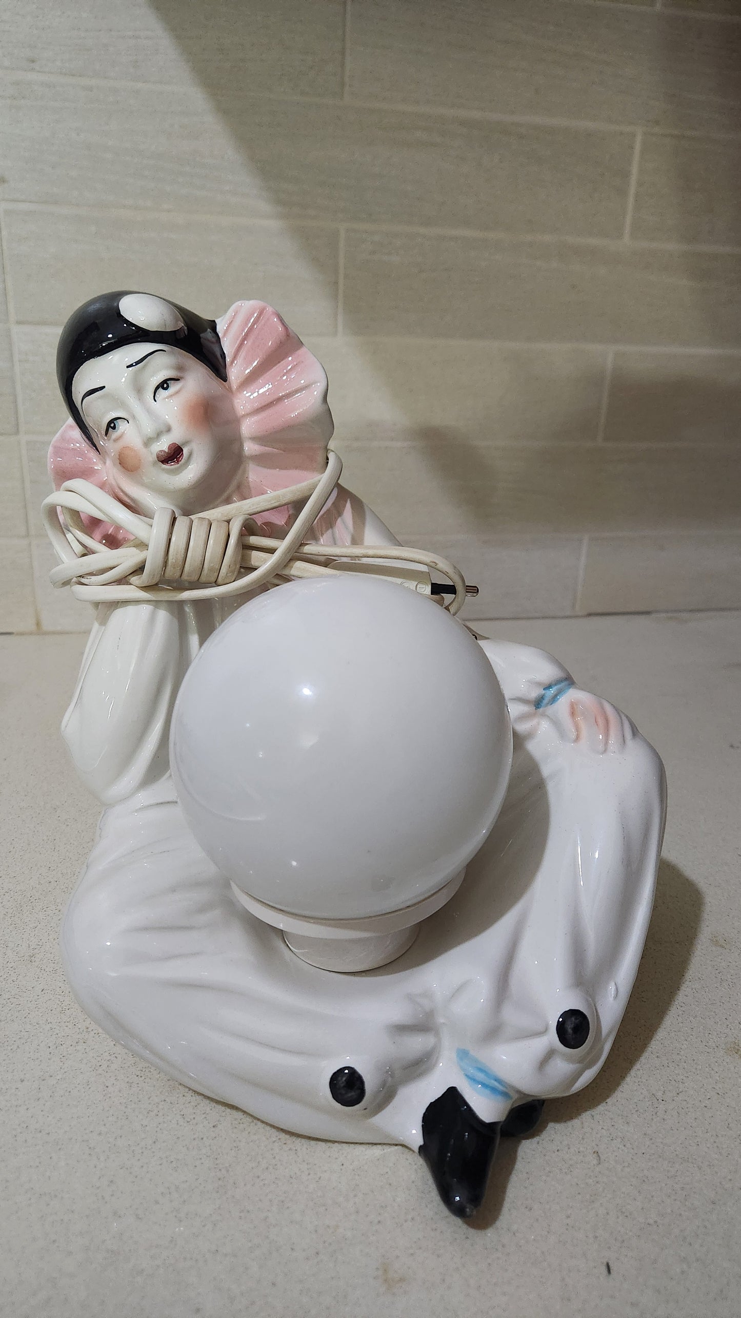 Vintage unused porcelain Pierrot lamp