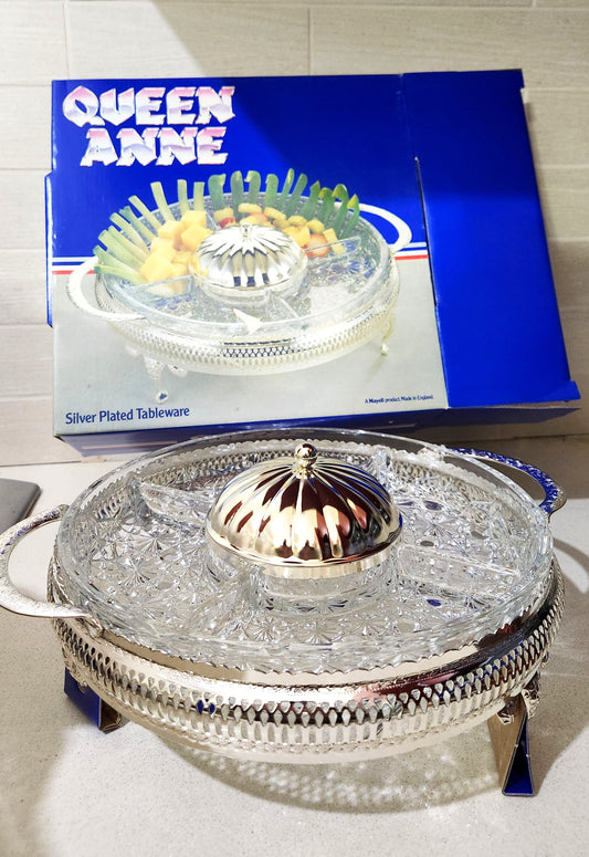 Queen Anne Silver Plated & Cut Glass Party Server with Center Lidded Bowl